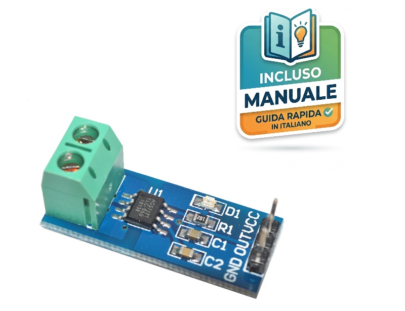 modulo-sensore-corrente-acs712-5a Modulo sensore di corrente ACS712 5A ad effetto hall con morsettiera a vite e pin header per Arduino.