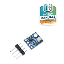 Mini modulo elettronico blu GY-68 con chip sensore barometrico BMP180 Bosch, piazzole per pin I2C e strip maschio a quattro contatti fornito a corredo.