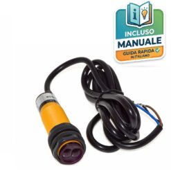 Sensore fotoelettrico cilindrico filettato giallo e nero modello E18-D80NK per il rilevamento ostacoli a infrarossi con cavo a tre fili.