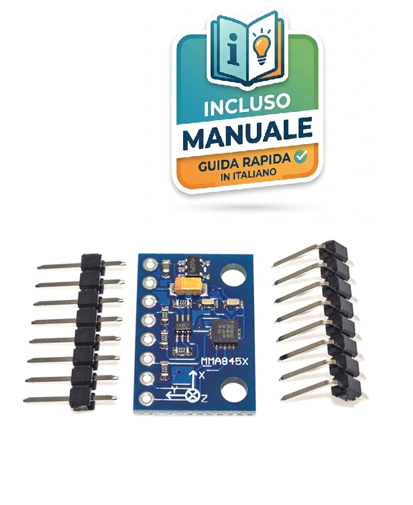 modulo-accelerometro-3-assi-gy-45-mma8452q Modulo accelerometro blu GY-45 MMA845X a tre assi per Arduino e moduli wireless ESP8266, con strip pin dritti e a 90 gradi inclusi.
