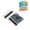 Vista frontale del modulo blu GY-521 con chip MPU-6050 e strip di pin header dritti ed a 90 gradi per saldatura.