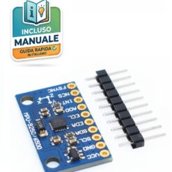 Modulo elettronico blu GY-6500 MPU-9250/6500 per la misurazione di accelerazione e giroscopio a 6 assi, con strip pin maschio a 10 pin a fianco.