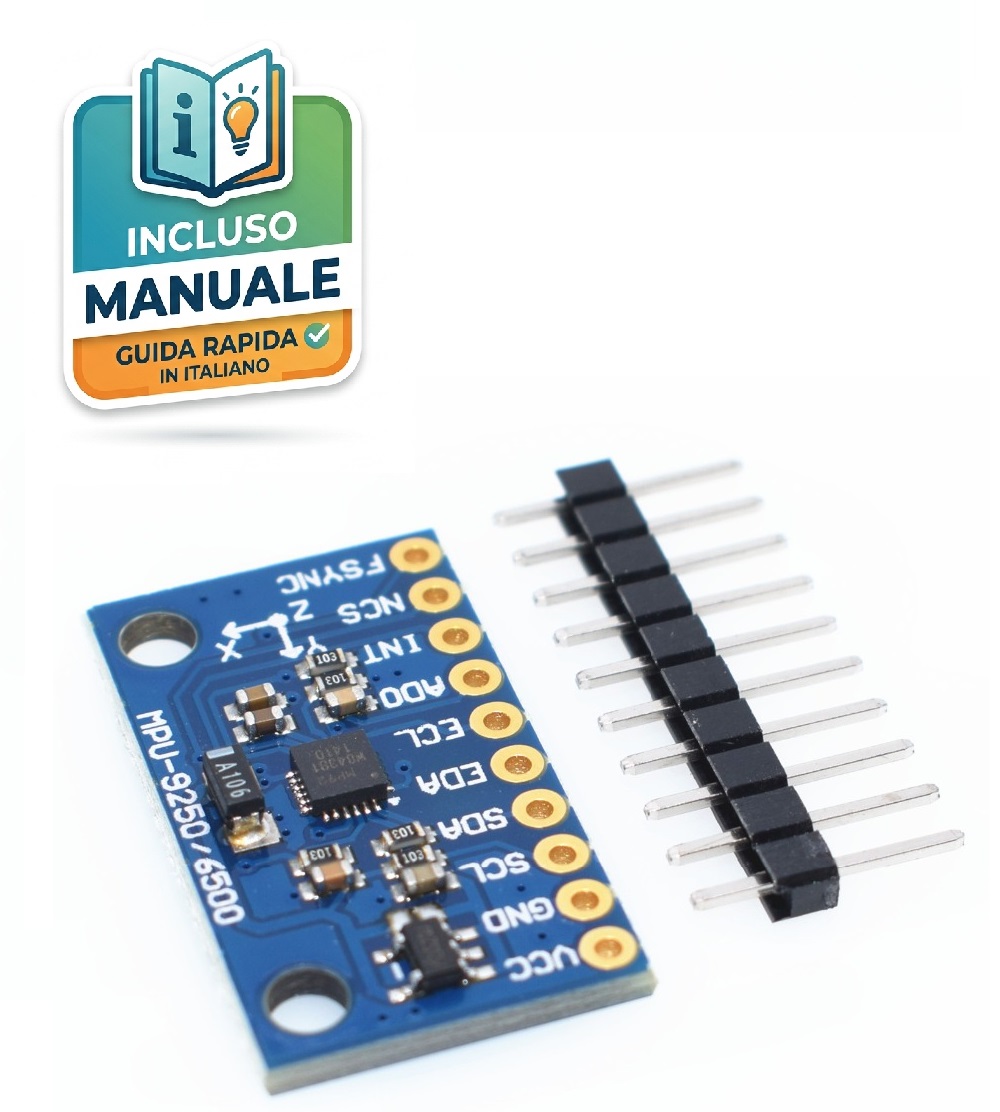 modulo-sensore-inerziale-6-assi-gy-6500 Modulo elettronico blu GY-6500 MPU-9250/6500 per la misurazione di accelerazione e giroscopio a 6 assi, con strip pin maschio a 10 pin a fianco.