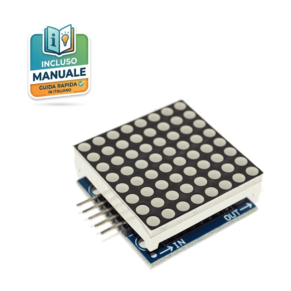 modulo-display-led-matrice-8x8-max7219-arduino Modulo display matrice LED 8x8 con chip driver MAX7219 integrato per Arduino e Raspberry Pi, colore rosso.