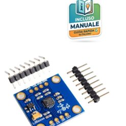 Modulo elettronico blu giroscopio GY-50 a tre assi con pin out placcati in oro, affiancato da uno strip pin dritto e uno a novanta gradi.