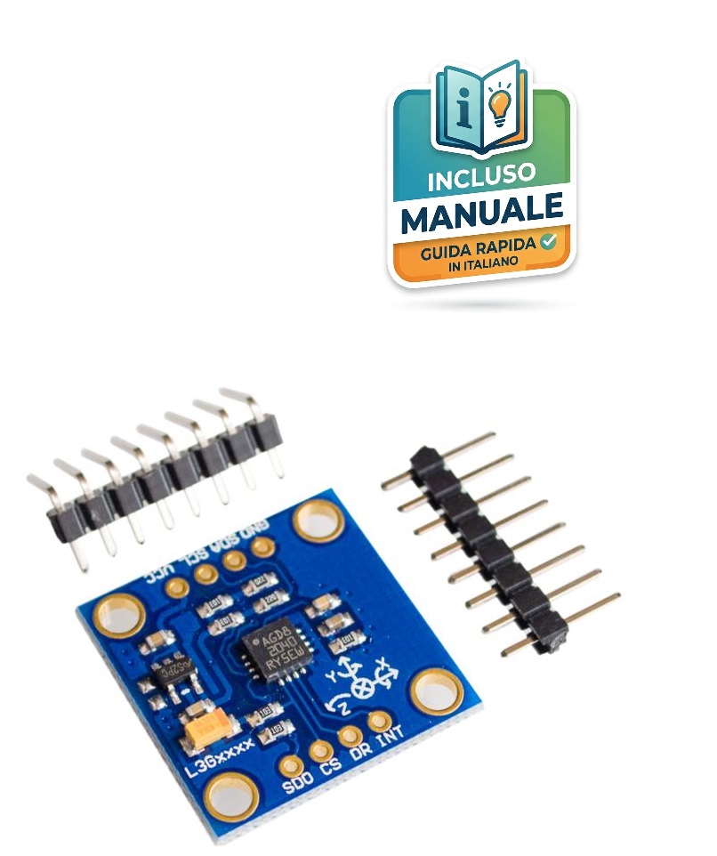 modulo-giroscopio-3-assi-gy-50-l3g4200d Modulo elettronico blu giroscopio GY-50 a tre assi con pin out placcati in oro, affiancato da uno strip pin dritto e uno a novanta gradi.