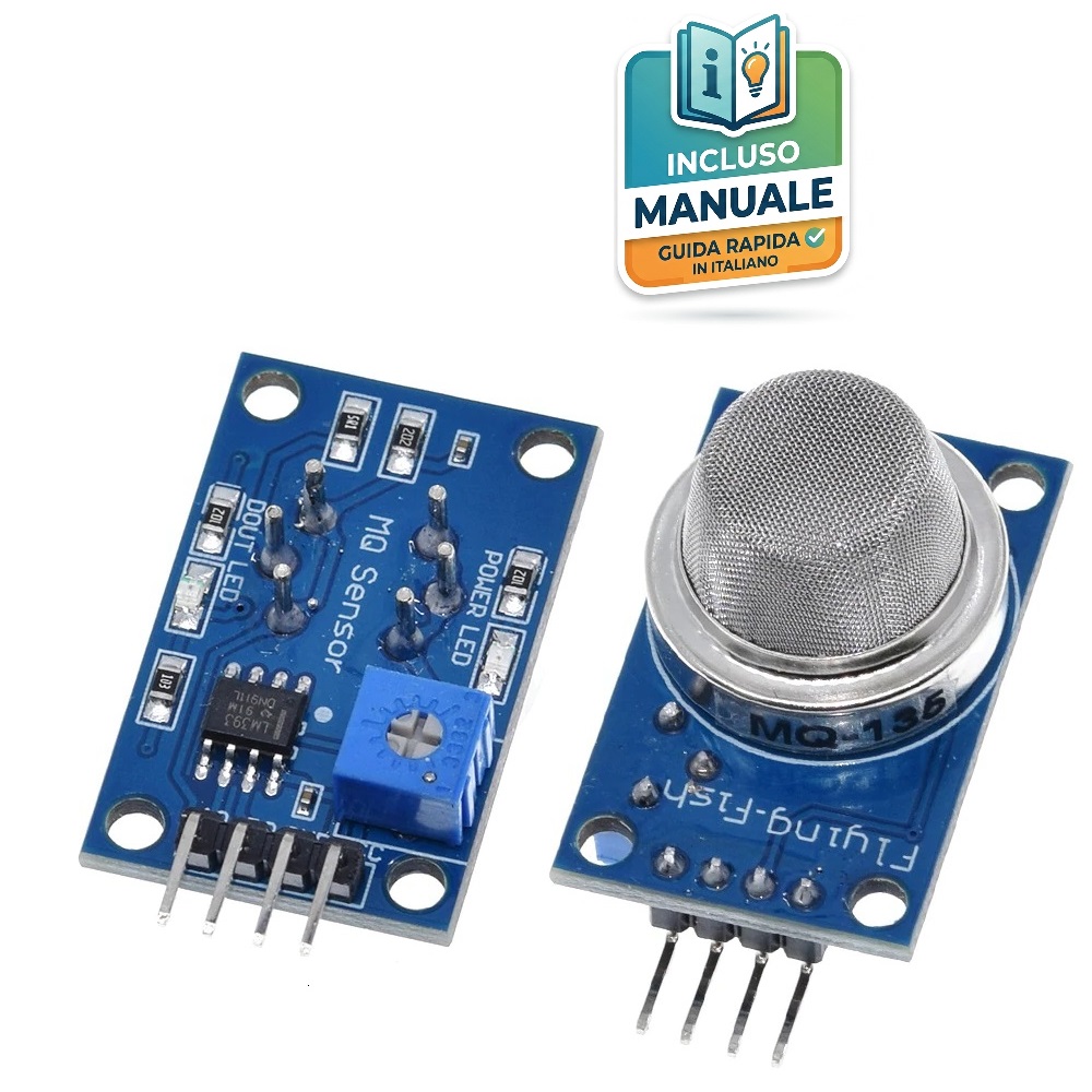 modulo-sensore-gas-mq135-qualita-aria-arduino-co2 Modulo sensore MQ-135 per rilevazione qualità aria, CO2 e gas nocivi con uscita analogica e digitale per Arduino.
