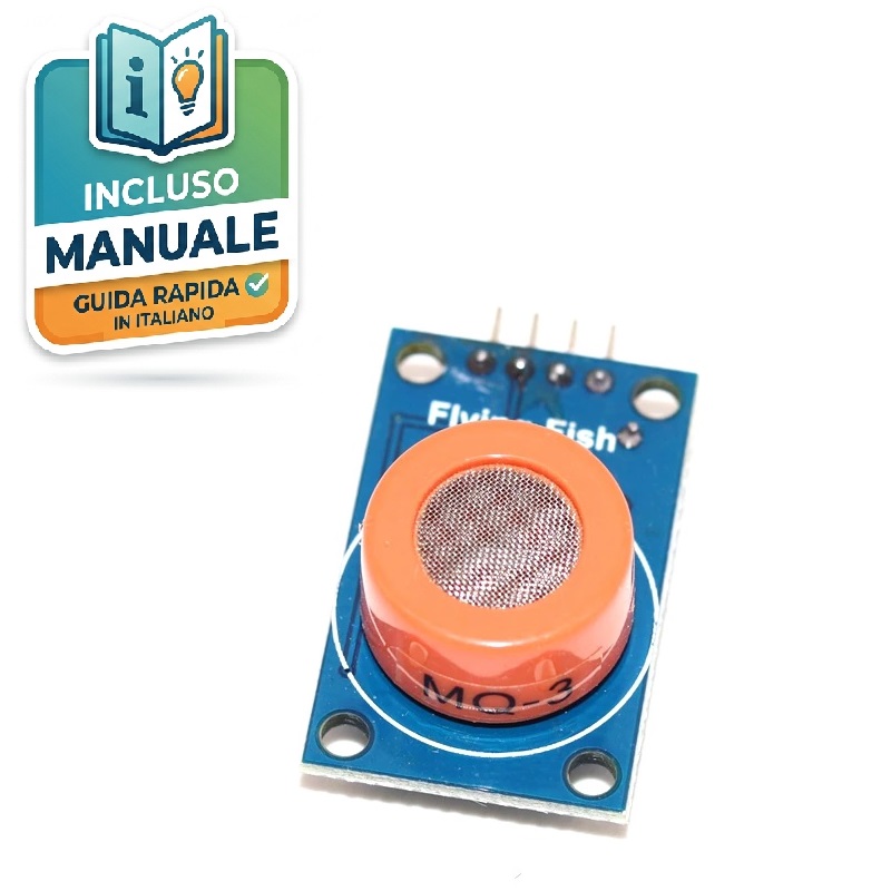 sensore-mq3-alcol-gas-arduino-modulo-etilometro Modulo sensore MQ-3 per il rilevamento di alcol e gas con uscita analogica e digitale, compatibile con Arduino e microcontrollori 5V.