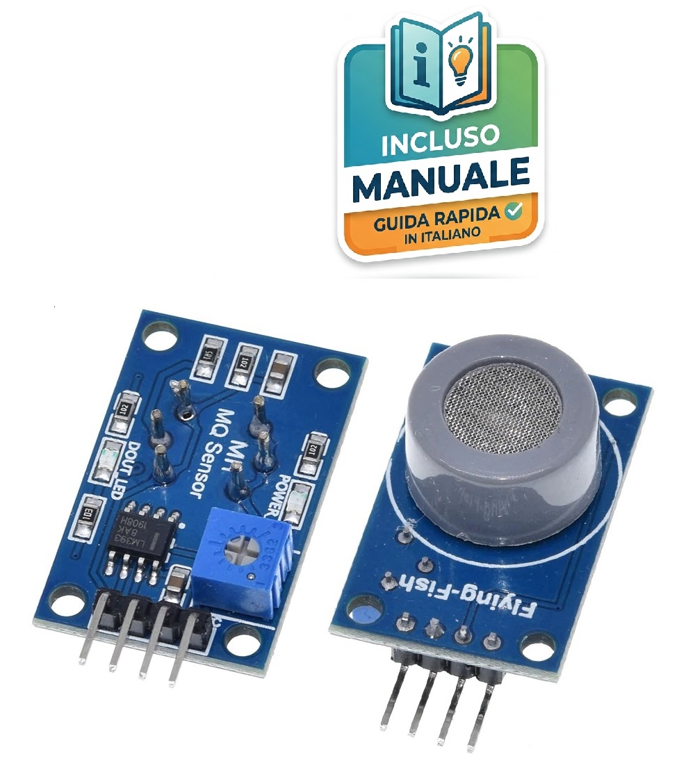 sensore-mq7-monossido-carbonio-arduino Modulo sensore gas MQ-7 su PCB blu con sensore circolare grigio, trimmer blu e pin di collegamento per Arduino