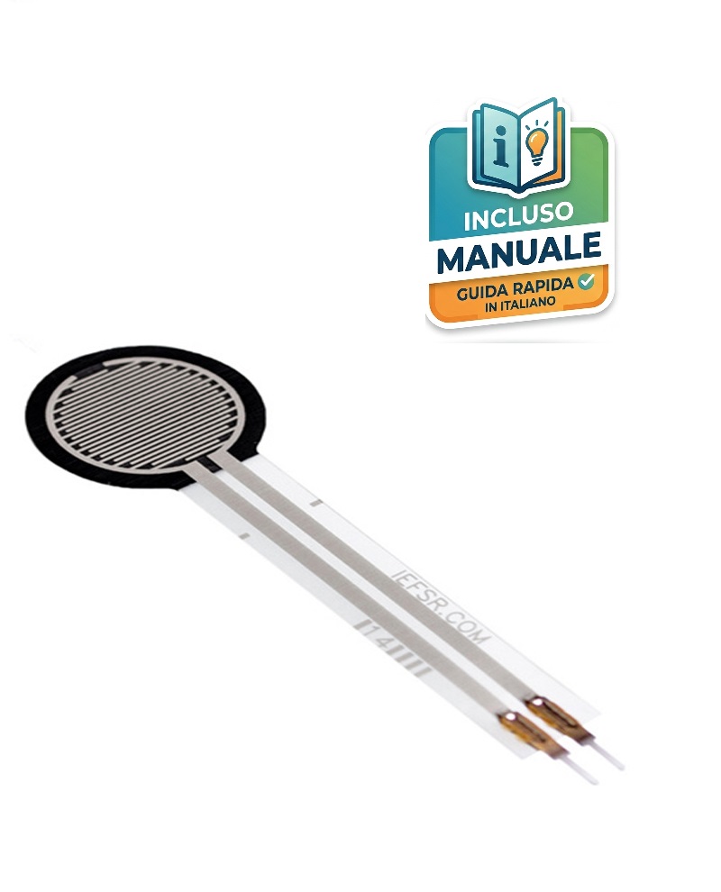 sensore-pressione-forza-flessibile-fsr402 Sensore a resistenza flessibile FSR402 ultrasottile Interlink con testa circolare per il rilevamento della pressione e della forza a due pin di connessione.