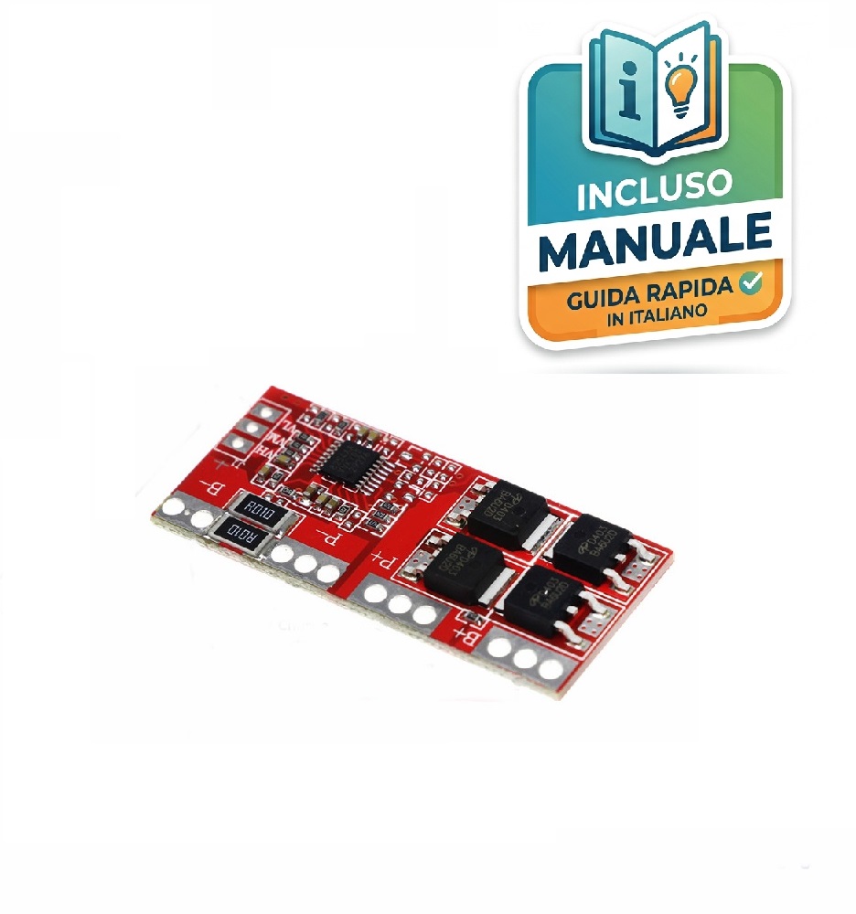 CIRCUITO DI PROTEZIONE E RICARICA 4S 30A 4 CELLE 18650 BMS 14.4 V 14.8 V 16.8 V Diagramma di collegamento di un modulo BMS 4S 30A rosso collegato in serie a 4 celle al litio da 3.7V con indicazione dei poli positivi e negativi di carica e scarica.