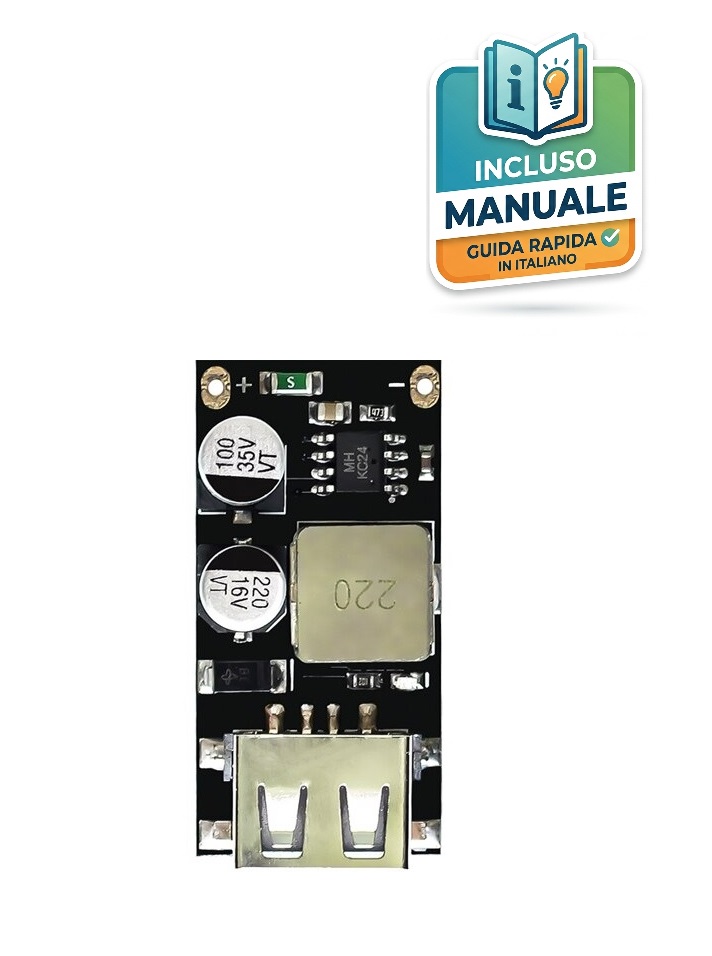 modulo-convertitore-step-down-usb-qc3-dimensioni Modulo elettronico step-down buck ultrasottile da 35 x 17 x 8.5 mm con porta USB frontale e piazzole di ingresso per ricarica rapida 24W.