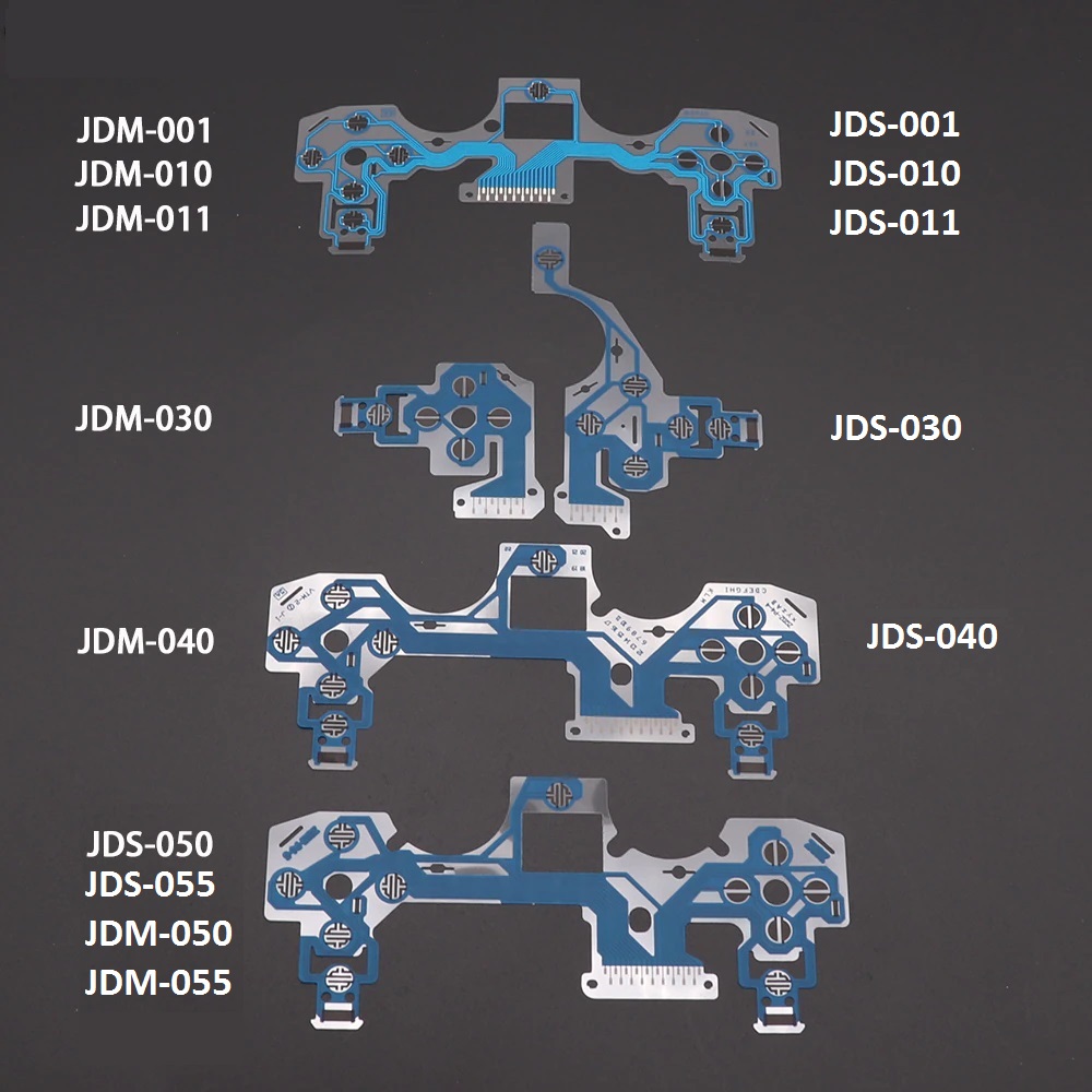 circuito-film-conduttivo-membrana-tasti-controller-ps4 Circuito flessibile stampato trasparente e verde per l'interno di un controller PlayStation 4 DualShock 4 con contatti neri per la pressione dei tasti.
