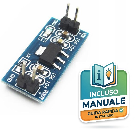 modulo-regolatore-tensione-ams1117-3,3v Modulo elettronico di alimentazione blu con chip regolatore AMS1117 a 3.3V, LED spia integrato e quattro pin maschio verticali per connessione.