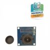 Modulo elettronico per fotocamera OV7670 con circuito stampato blu, obiettivo ottico nero centrale e doppia fila di pin di connessione sul lato inferiore.