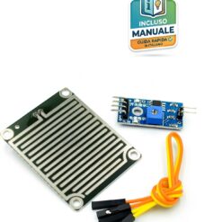 Kit sensore pioggia composto da piastra di rilevamento a griglia metallica, scheda elettronica di controllo blu YL-38 con potenziometro e cavetto a tre colori.
