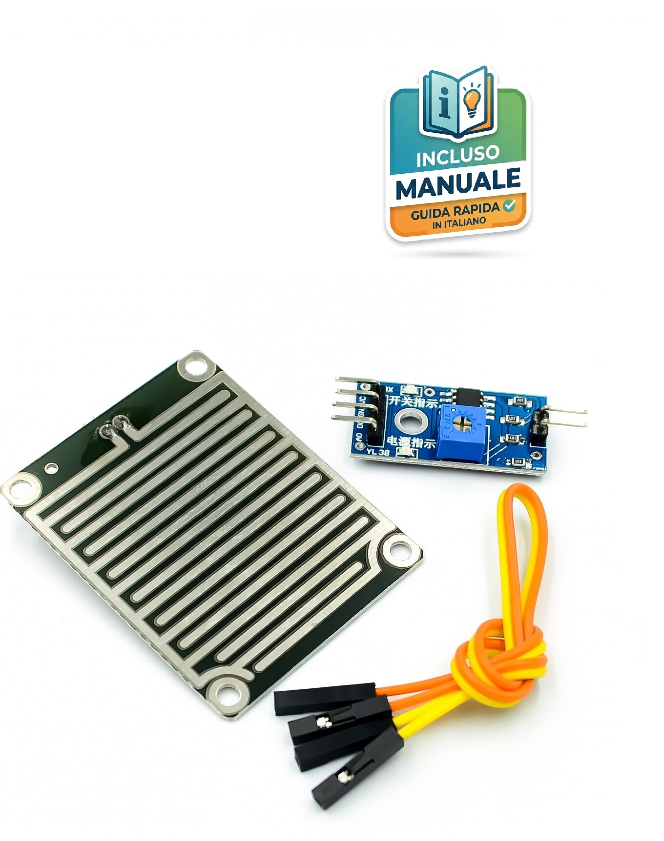 modulo-sensore-pioggia-rilevamento-gocce-acqua-arduino Kit sensore pioggia composto da piastra di rilevamento a griglia metallica, scheda elettronica di controllo blu YL-38 con potenziometro e cavetto a tre colori.