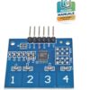Scheda elettronica blu del sensore tattile capacitivo TTP224 a 4 vie con quattro aree di contatto numerate da 1 a 4 e pin header di collegamento.