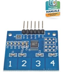 Scheda elettronica blu del sensore tattile capacitivo TTP224 a 4 vie con quattro aree di contatto numerate da 1 a 4 e pin header di collegamento.