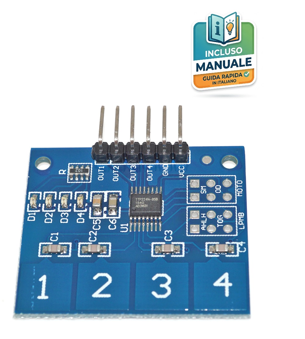 modulo-sensore-touch-capacitivo-ttp224-4-canali Scheda elettronica blu del sensore tattile capacitivo TTP224 a 4 vie con quattro aree di contatto numerate da 1 a 4 e pin header di collegamento.