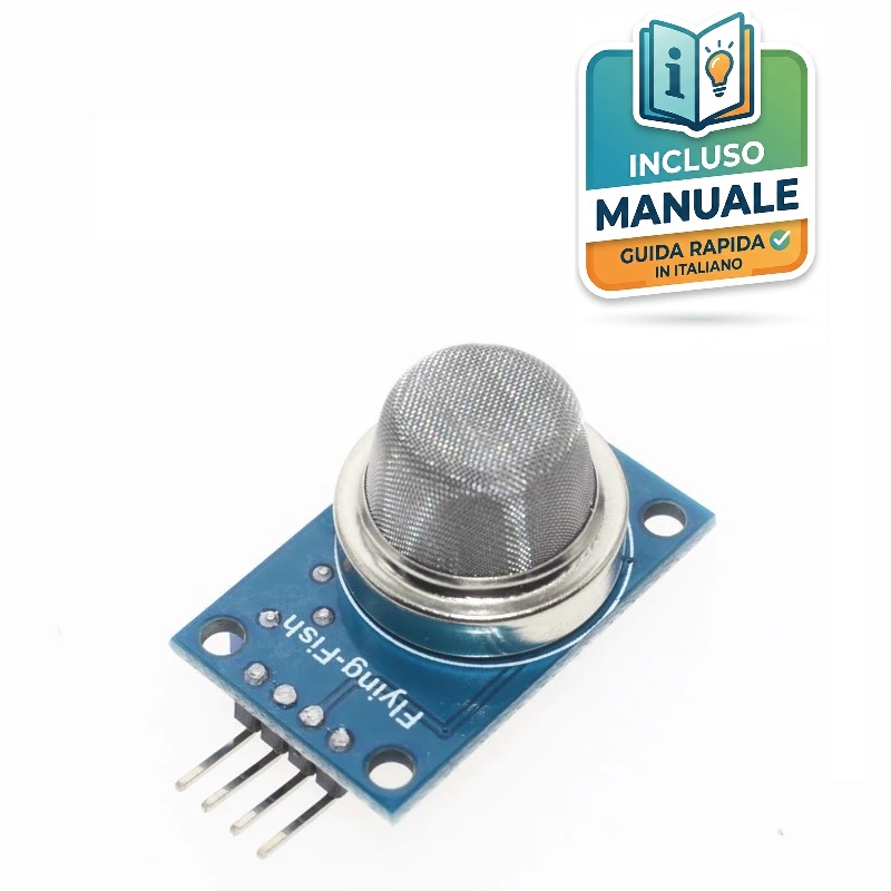 modulo-sensore-gas-fumo-mq-2-arduino Modulo sensore gas MQ-2 con griglia metallica cilindrica montato su scheda elettronica blu con quattro pin di collegamento e trimmer di regolazione.