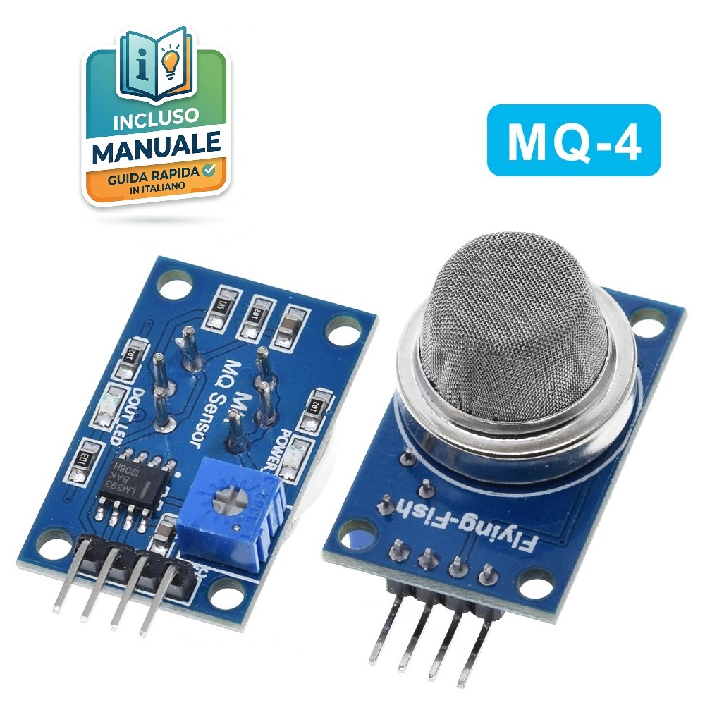 modulo-sensore-gas-mq4-metano-arduino Modulo sensore gas MQ-4 per rilevamento metano CH4 con uscita analogica e digitale per progetti Arduino e IoT.