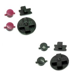 Kit di pulsanti di ricambio per GameBoy Classic composto da croce direzionale nera, levetta di accensione nera e due pulsanti tondi d'azione A e B di colore bordeaux scuro su sfondo bianco.