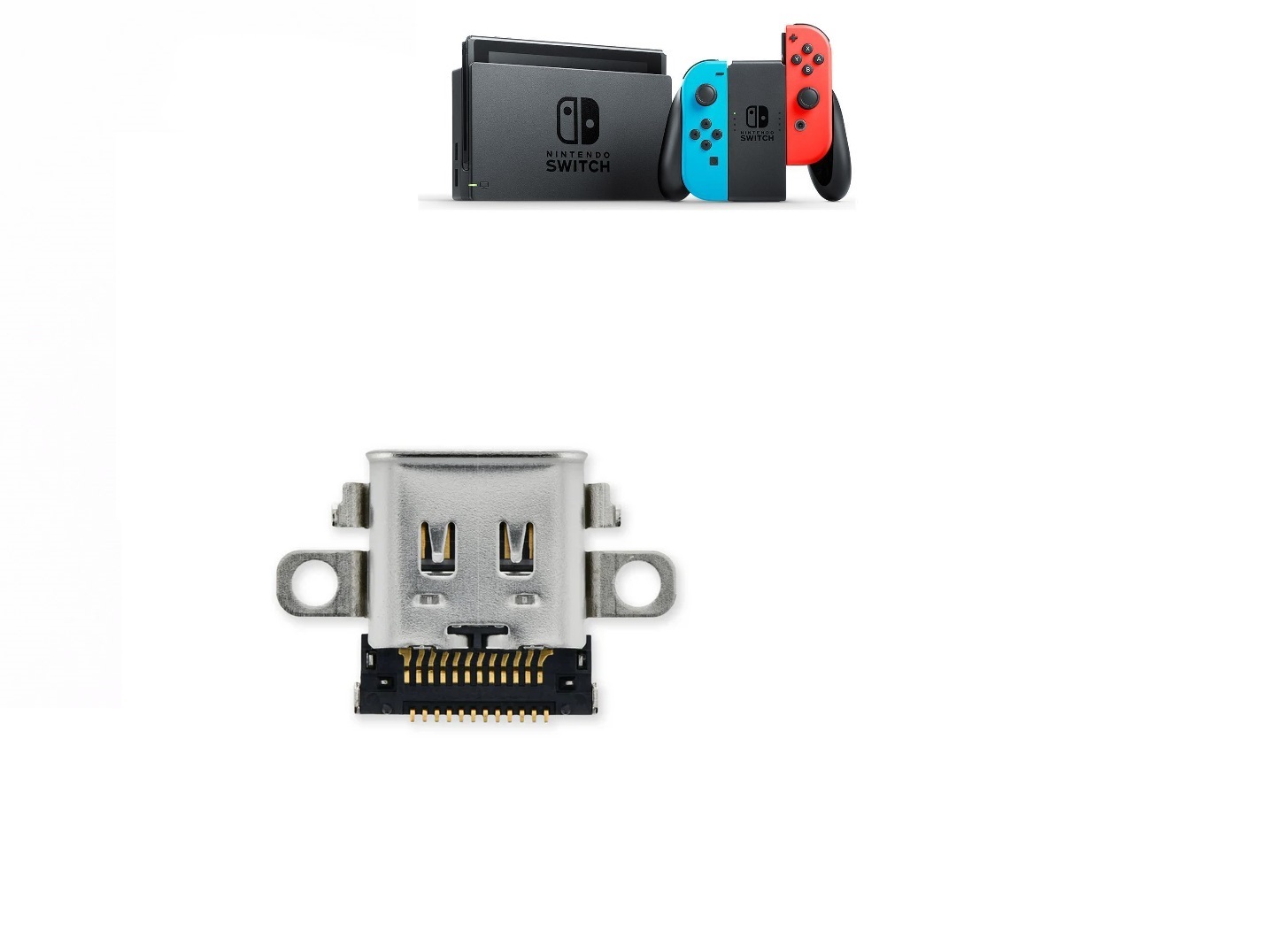 connettore-porta-usb-c-ricambio-nintendo-switch Connettore metallico USB Type-C di ricambio per la porta di ricarica e collegamento dock TV della console Nintendo Switch con pin per micro-saldatura.