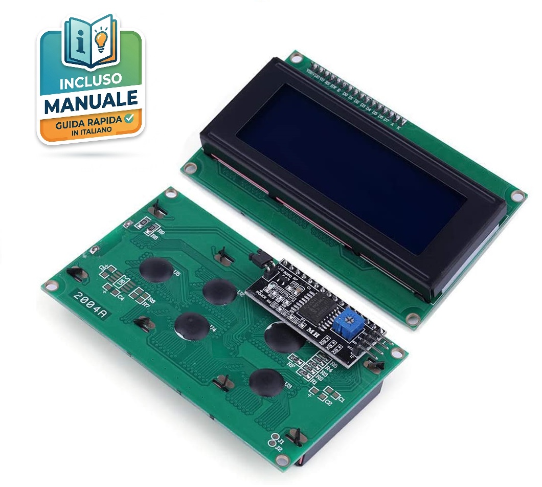 Display-LCD-20x4-I2C-Blu-Retro-Pinout Fronte e retro del display LCD 2004A blu con modulo interfaccia I2C pre-saldato e trimmer di contrasto per Arduino