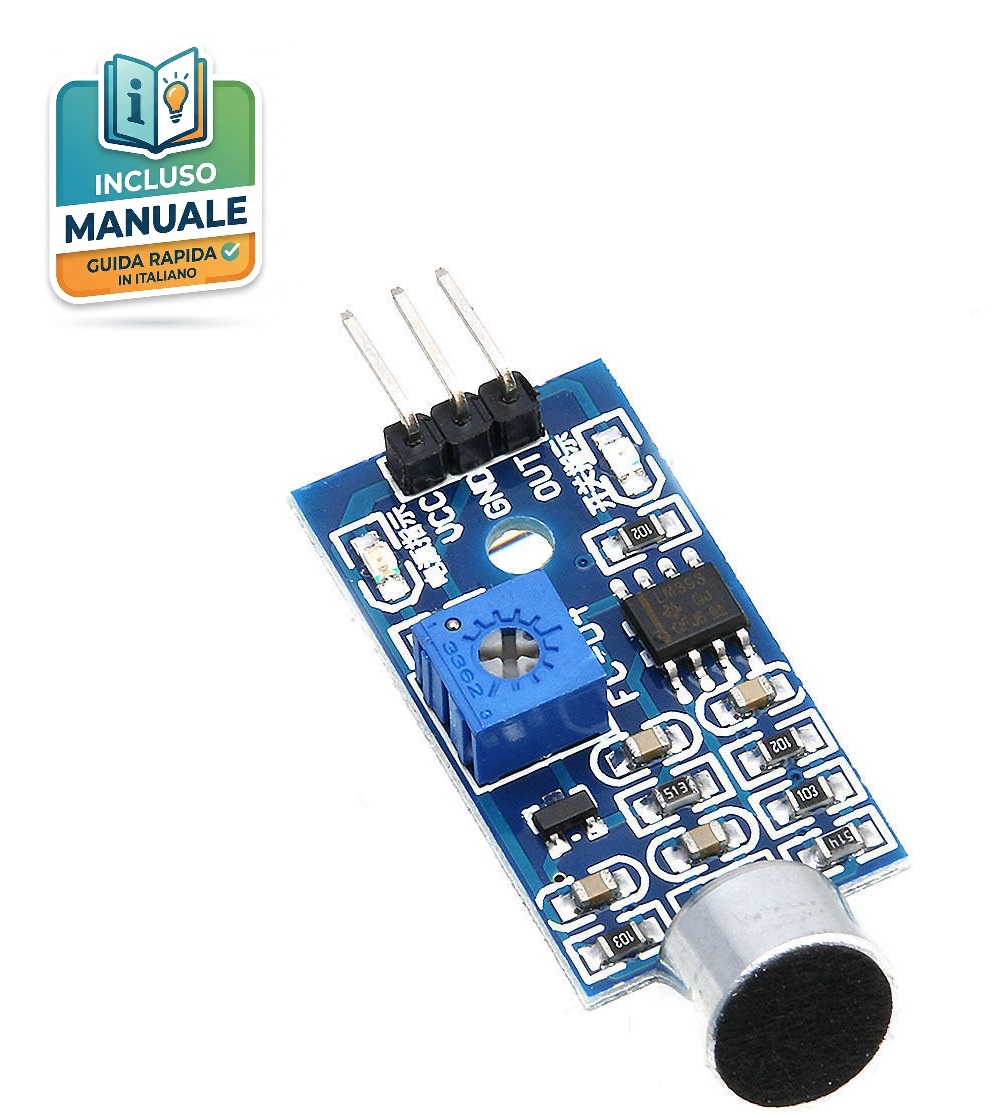 Sensore-Suono-LM393-Arduino-Rilevatore-Digitale Modulo sensore suono LM393 con microfono e trimmer di regolazione per Arduino e ESP32