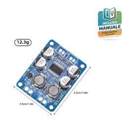 Scheda elettronica blu del mini amplificatore audio mono TPA3118 da 30W con condensatori, induttanze schermate e piazzole di saldatura per alimentazione, ingresso e uscita cassa.