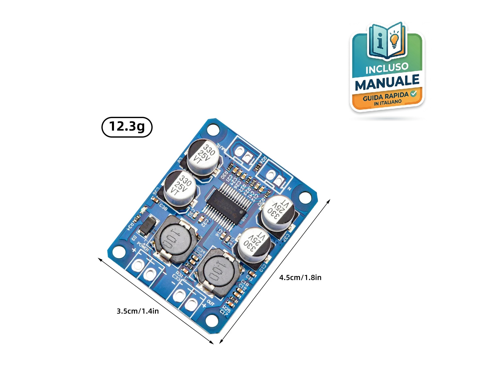 modulo-amplificatore-audio-mono-tpa3118-30w-classe-d Scheda elettronica blu del mini amplificatore audio mono TPA3118 da 30W con condensatori, induttanze schermate e piazzole di saldatura per alimentazione, ingresso e uscita cassa.