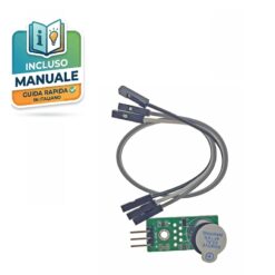 Modulo cicalino attivo per Arduino su PCB blu con transistor driver S8550 e set di cavi Dupont inclusi per rilevamento allarmi.