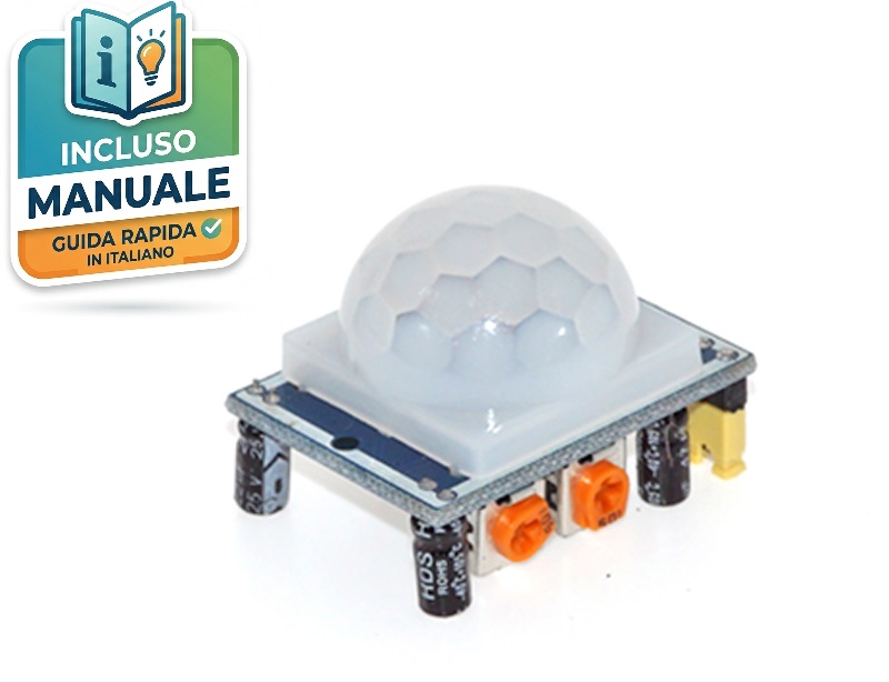 Sensore-PIR-Movimento-HC-SR501-Specifiche-Arduino Schema tecnico modulo sensore PIR HC-SR501 con chip BISS0001 e regolazioni trimmer per tempo e distanza