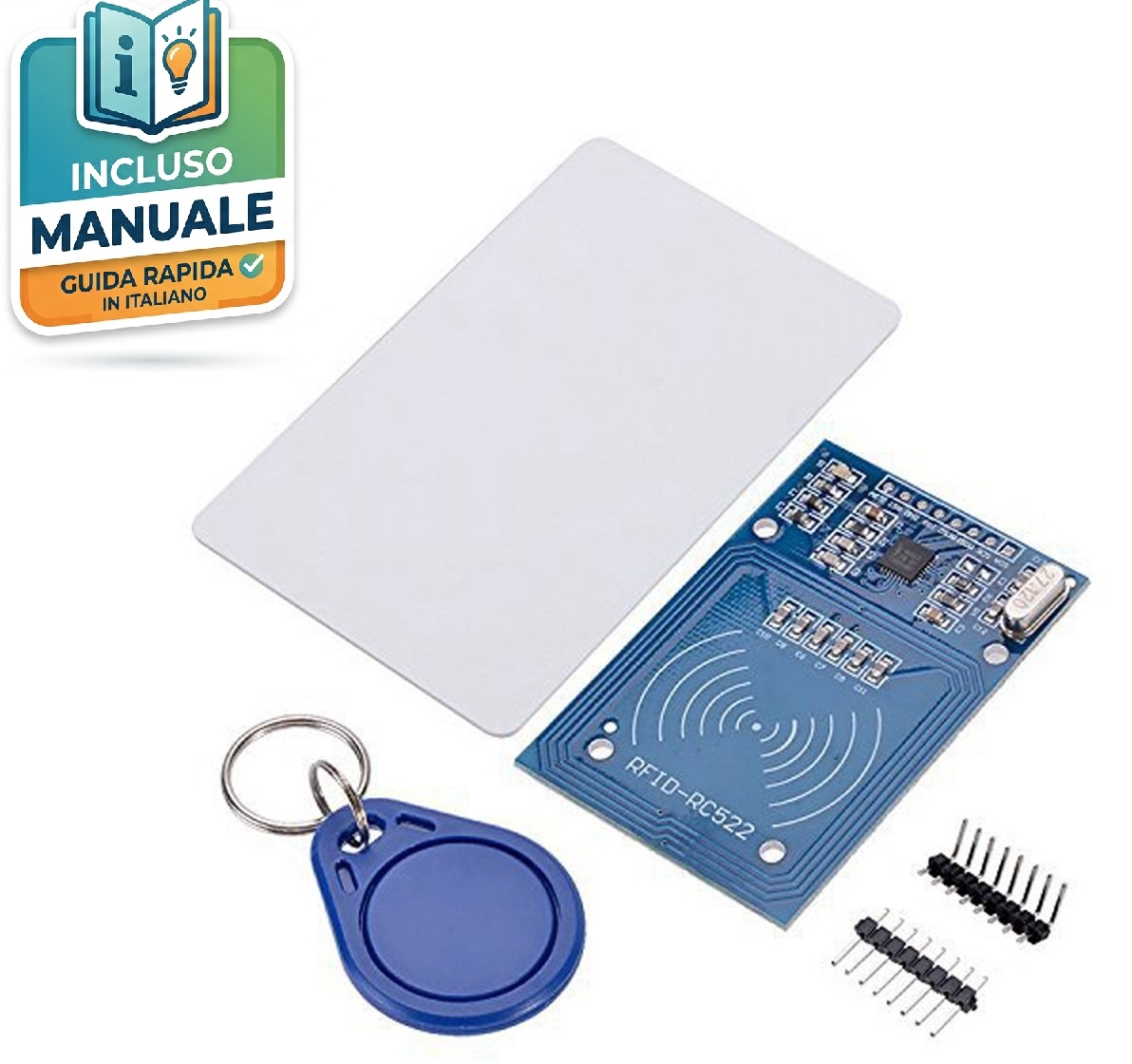 Modulo-RFID-RC522-Arduino-Contenuto-Kit Kit completo RFID RC522 con lettore, card bianca, tag blu e pin header per Arduino