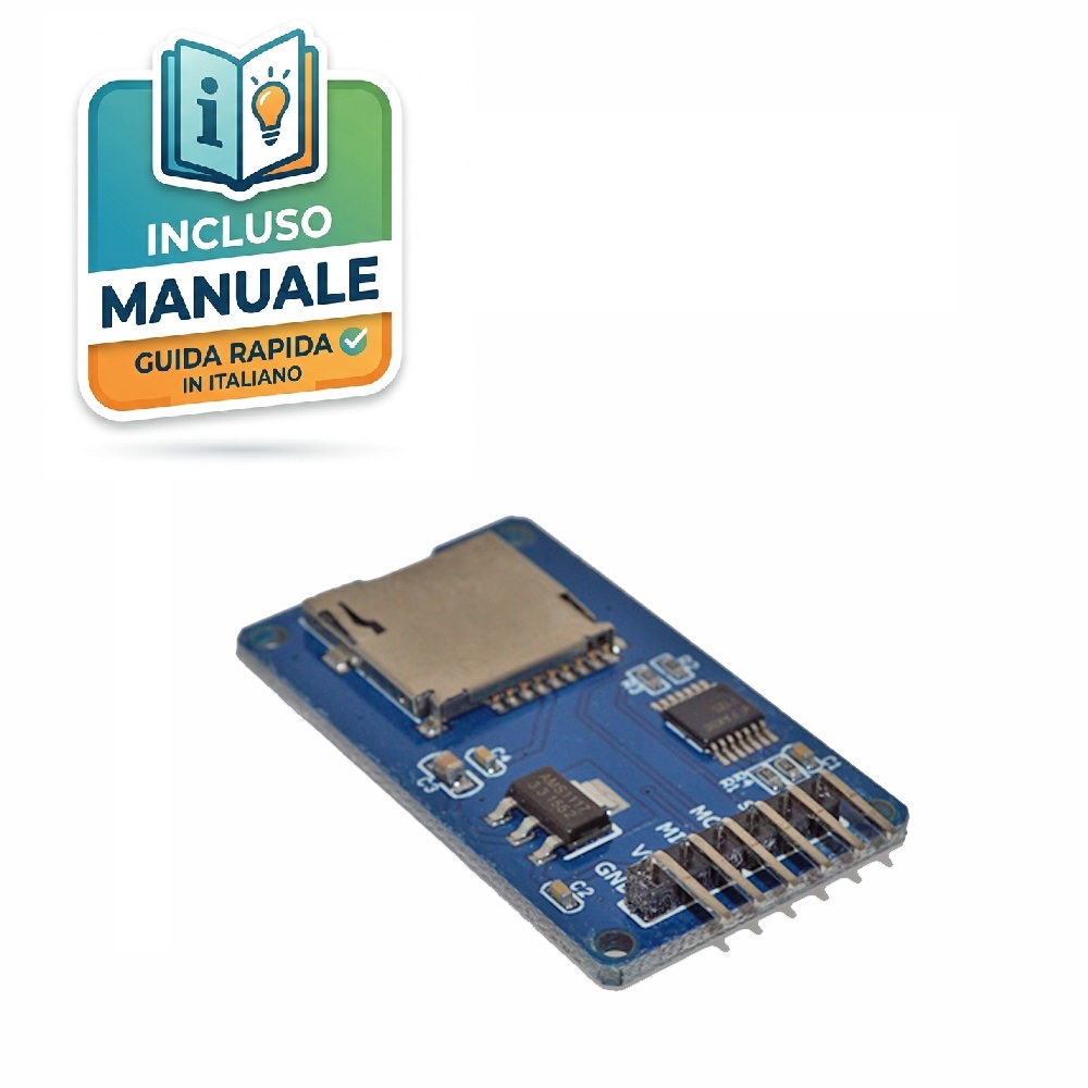 Lettore-Micro-SD-SPI-Arduino-5V-Specifiche Modulo blu lettore Micro SD card interfaccia SPI per Arduino con convertitore di livello logico e fori di fissaggio M2