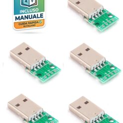 Lotto di 5 moduli PCB blu con connettore USB 2.0 maschio e 4 fori per pin header passo 2.54mm per prototipazione elettronica