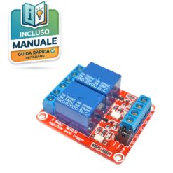 Modulo scheda relè a 2 canali 5V 10A per Arduino con jumper gialli per selezione trigger alto o basso e morsetti a vite blu