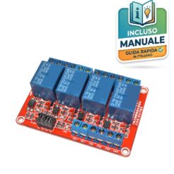 Scheda relè a 4 canali 5V 10A con relè blu Songle, fotoaccoppiatori neri e jumper gialli per selezione livello logico alto o basso