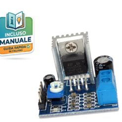 Modulo amplificatore audio mono TDA2030A con dissipatore di calore, potenziometro blu per il volume e morsettiera altoparlante per Arduino