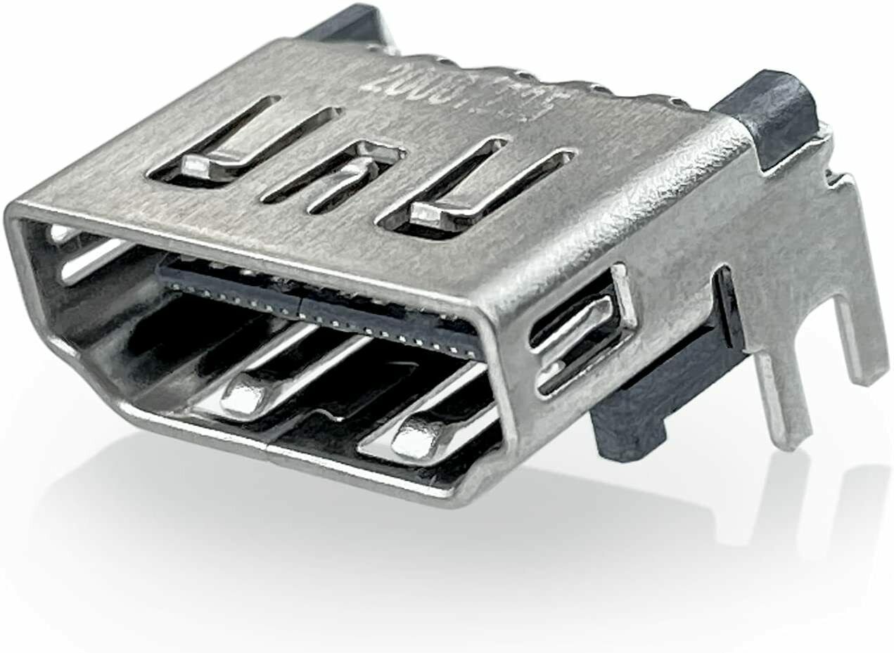 porta-hdmi-ricambio-ps5-sony-playstation-5-connettore Porta HDMI di ricambio per Sony PlayStation 5 con contatti dorati e scocca rinforzata, vista dei pin per microsaldatura.