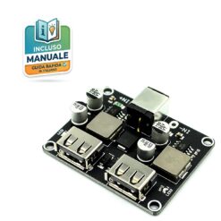 Modulo convertitore step-down a due canali USB con supporto ricarica rapida QC3.0 su PCB blu con condensatori solidi e induttori.