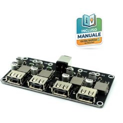 Modulo convertitore step-down a quattro porte USB con supporto ricarica rapida QC3.0 su PCB blu, vista degli induttori e dei chip di gestione.