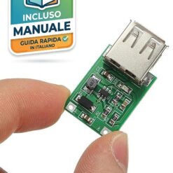 Modulo convertitore DC-DC step-up da 2-5V a 5V con porta USB femmina, pad di saldatura IN+ IN- e LED indicatore su PCB verde.