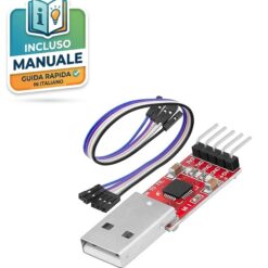 Modulo convertitore seriale CP2102 da USB a UART TTL con 5 pin (3.3V, 5V, TX, RX, GND) e connettore USB maschio su PCB rosso.