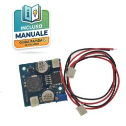 Modulo convertitore DC-DC Step-Down LM2596S con trimmer blu, condensatori elettrolitici e induttore su PCB blu.