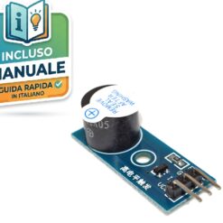 Modulo buzzer attivo su PCB nero con 3 pin di collegamento e foro di fissaggio, componente per segnale acustico Arduino.