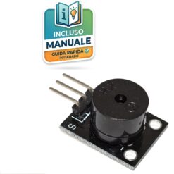 Modulo buzzer passivo KY-006 a 3 pin per Arduino su PCB nero con fori di fissaggio e cicalino superiore.