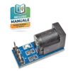 Modulo di alimentazione con presa jack DC 5.5x2.1mm nera montata su PCB rosso con pin di collegamento per Arduino.