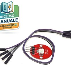 Modulo LED RGB SMD 5050 su PCB circolare rosso con pin di collegamento e set di cavi Dupont jumper per Arduino.